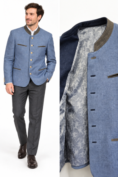 Leinen Sakko mit Leder, Brillantblau