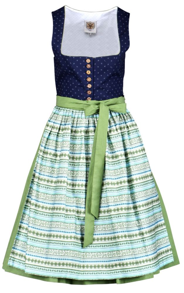 Dirndl, blau-grün, Querstreifenschürze