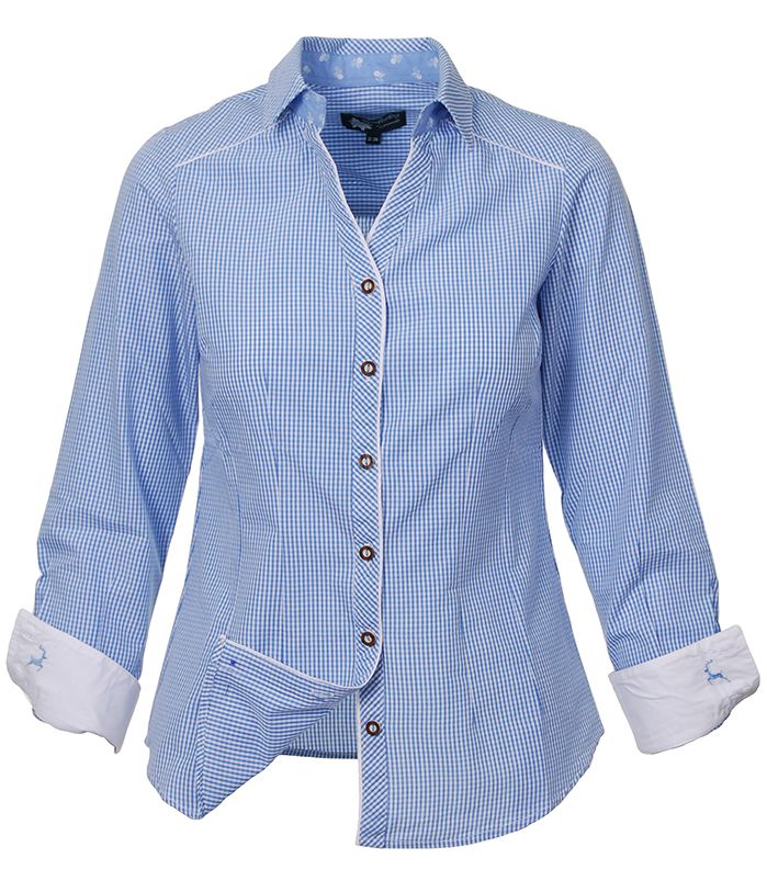 Trachtenbluse, blau Karo, Hirschstick