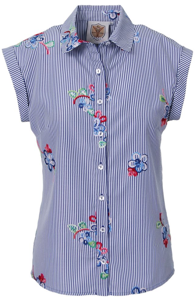 Sommerbluse, blau gestreift, bestickt